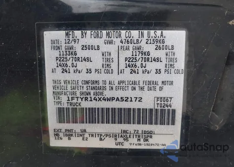 1998 Ford Ranger Splash/Xl/Xlt из США, поврежденный, VIN 1FTYR14X4WPA52172